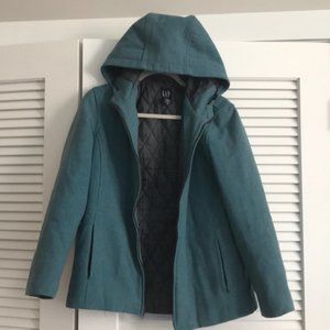 GAP Gorgeous Cozy Teal Wool-Blend Hooded Zip Coat